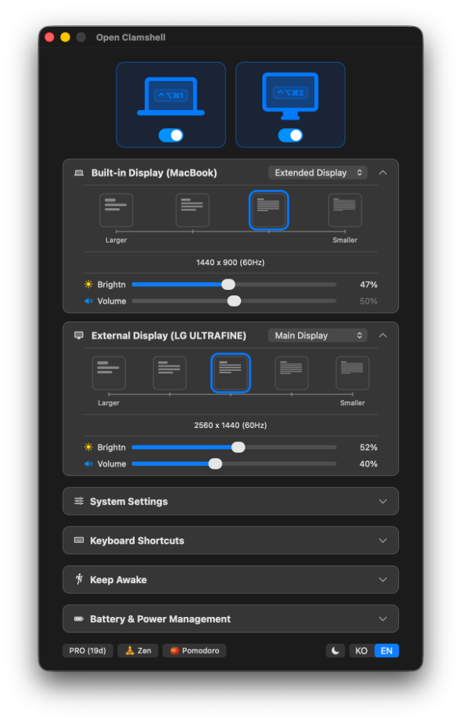 Open Clamshell Control Panel Screenshot